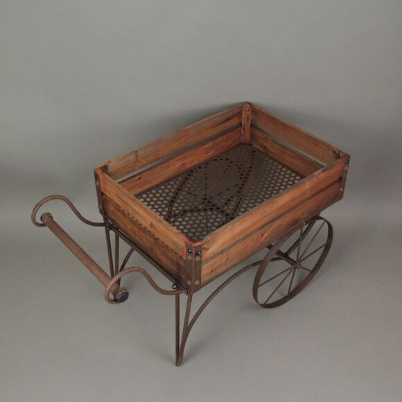 Rustic Wood And Metal Wagon Cart Style Plant Stand 24.25 Inches Long - Picture 5 of 8